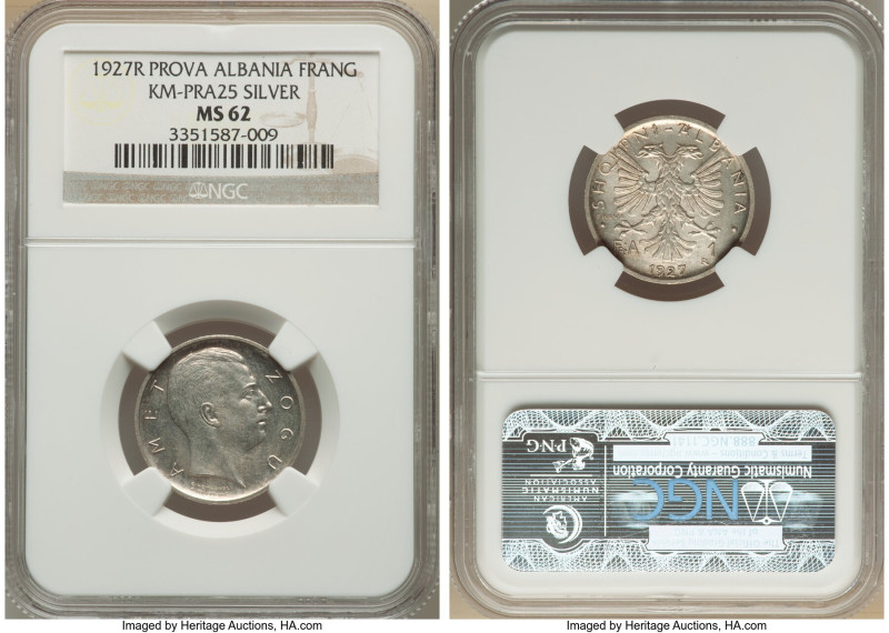 Zog I silver Prova Frang Ar 1927-R MS62 NGC, Rome mint, KM-PrA25, Pag-812 (R3). ...