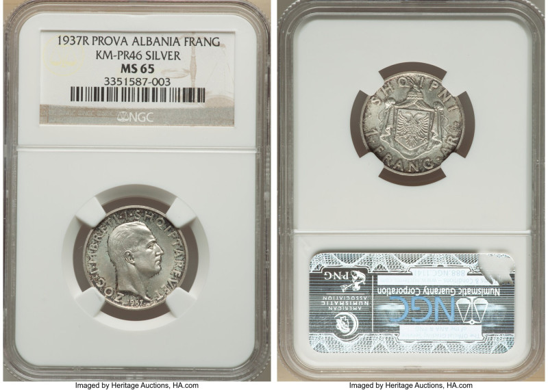 Zog I silver Prova Frang Ar 1937-R MS65 NGC, Rome mint, KM-Pr45, Pag-815 (R3). A...