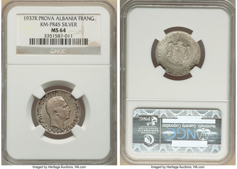 Zog I silver Prova Frang Ar 1937-R MS64 NGC, Rome mint, KM-Pr46, Pag-816 (R4). T...
