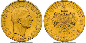 Zog I gold Prova 20 Franga Ari 1938-R MS63 NGC, Rome mint, KM-Pr52, Pag-801 (R4). Struck in commemoration of the 10th anniversary of Zog's reign. An e...