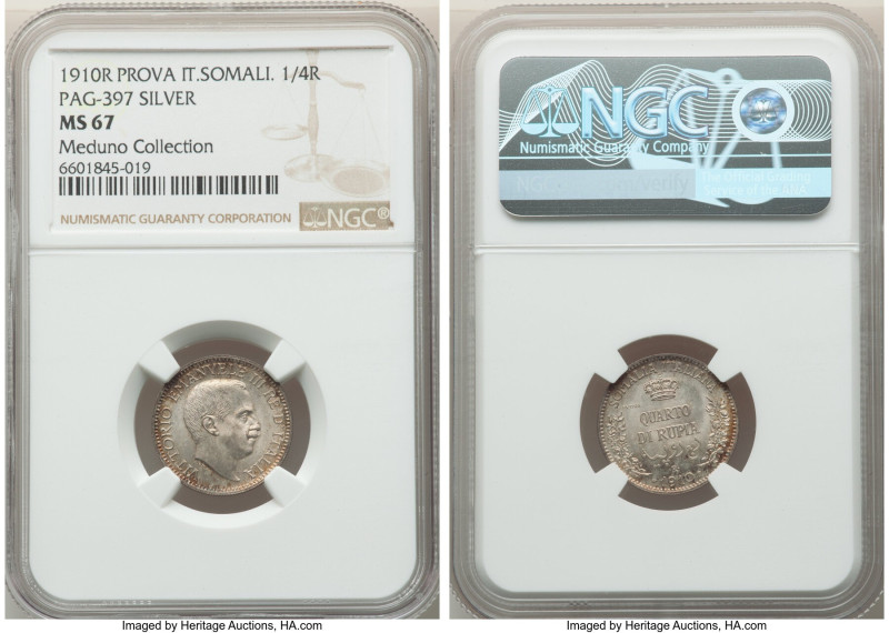 Italian Colony. Vittorio Emanuele III silver Prova 1/4 Rupia 1910-R MS67 NGC, Ro...