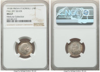 Italian Colony. Vittorio Emanuele III silver Prova 1/4 Rupia 1910-R MS67 NGC, Rome mint, KM-Pr6, Pag-397 (R2), Gig-P3 (R2). Blazing cartwheel luster t...