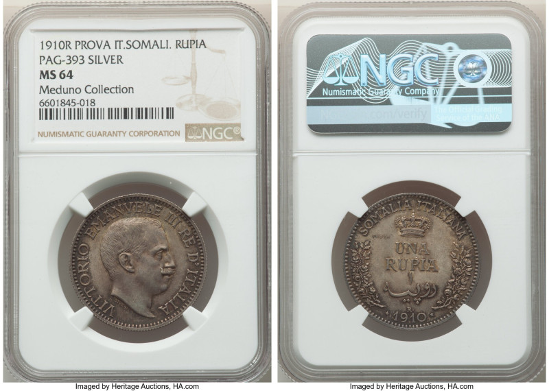 Italian Colony. Vittorio Emanuele III silver Prova Rupia 1910-R MS64 NGC, Rome m...