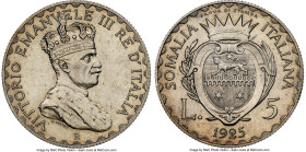 Italian Colony. Vittorio Emanuele III silver Prova 5 Lire 1925-R MS63 NGC, Rome mint, KM-Pr12, Pag-405 (R), Gig-P10 (R3), Mont-480 (R3). Prova di Stam...