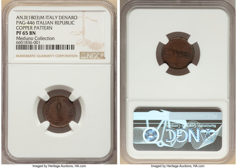 Italian Republic. Napoleon copper Proof Pattern Denaro A.II (1803)-M PR65 Brown ...