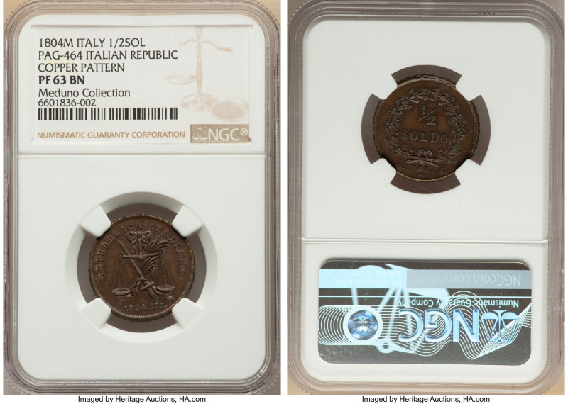 Italian Republic. Napoleon copper Proof Pattern 1/2 Soldo (5 Denari) 1804-M PR63...