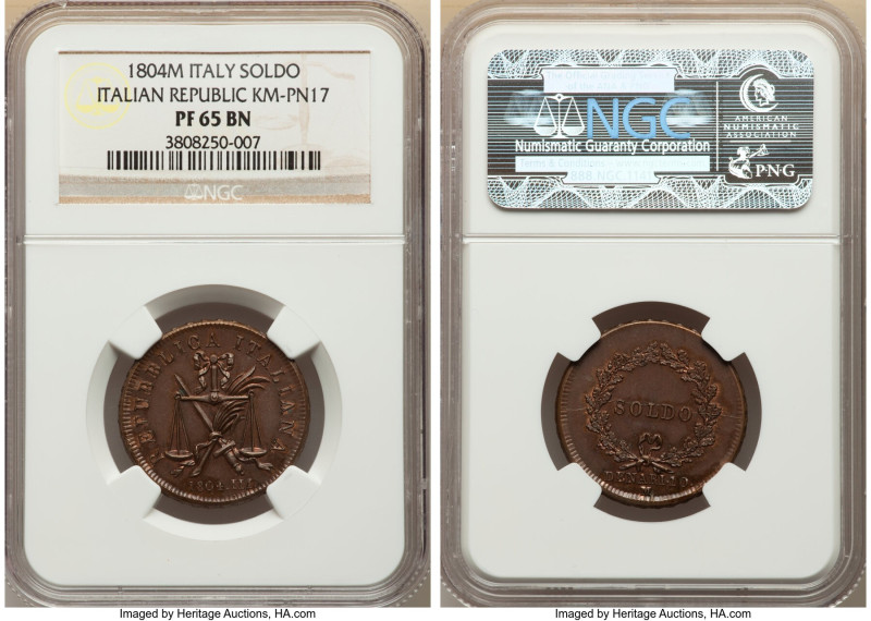 Italian Republic. Napoleon copper Proof Pattern Soldo (10 Denari) 1804-M PR65 Br...