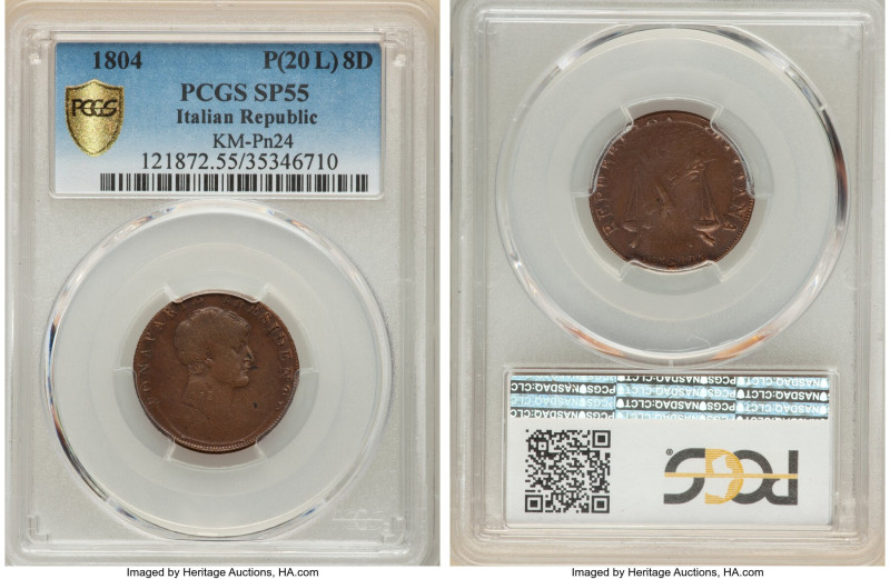 Italian Republic. Napoleon copper Specimen Pattern 8 Denari (20 Lire) 1804-M SP5...