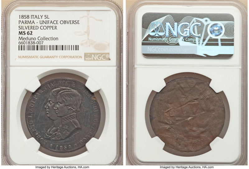 Parma. Roberto I di Borbonne silvered copper Trial Uniface 5 Lire 1858 MS62 NGC,...