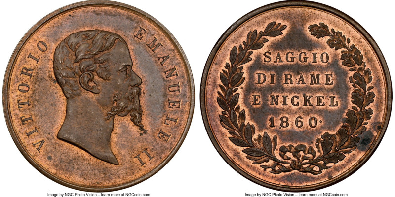 Vittorio Emanuele II cupro-nickel Test Planchet 1860 MS63 Red and Brown NGC, Tur...