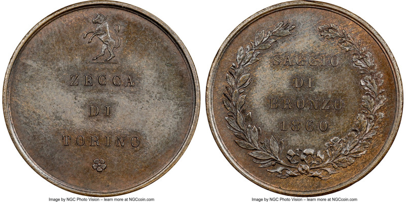 Vittorio Emanuele II bronze Test Planchet (5 Centesimi) 1860 MS62 Brown NGC, Tur...