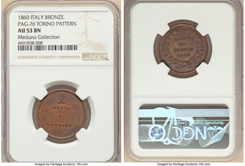 Vittorio Emanuele II bronze Test Planchet (5 Centesimi) 1860 AU53 Brown NGC, Tur...
