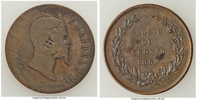 Vittorio Emanuele II bronze Test Planchet (5 Centesimi) 1860 UNC (Effaced Obverse), Turin mint, KM-Unl., Pag-80 (R3). 5.07gm. A curious striking that ...
