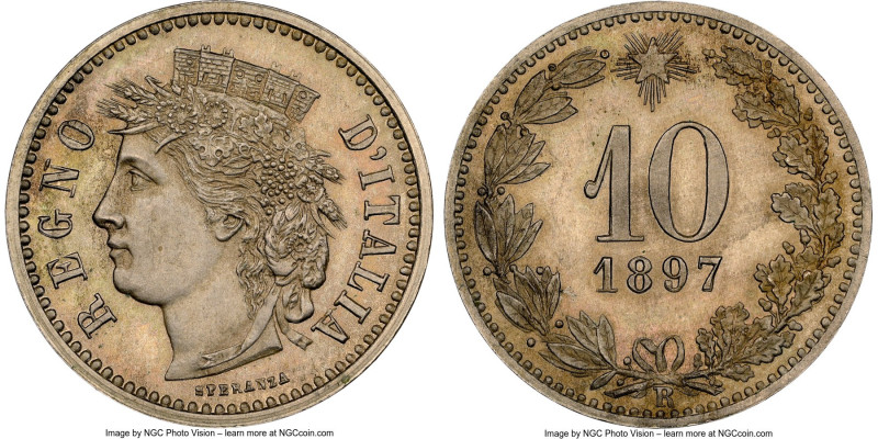 Umberto I copper-nickel Pattern 10 Centesimi 1897-R MS62 NGC, Rome mint, KM-Unl....