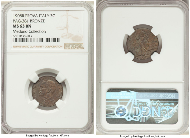 Vittorio Emanuele III bronze Prova 2 Centesimi 1908-R MS63 Brown NGC, Rome mint,...