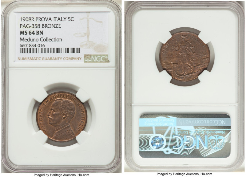 Vittorio Emanuele III bronze Prova 5 Centesimi 1908-R MS64 Brown NGC, Rome mint,...