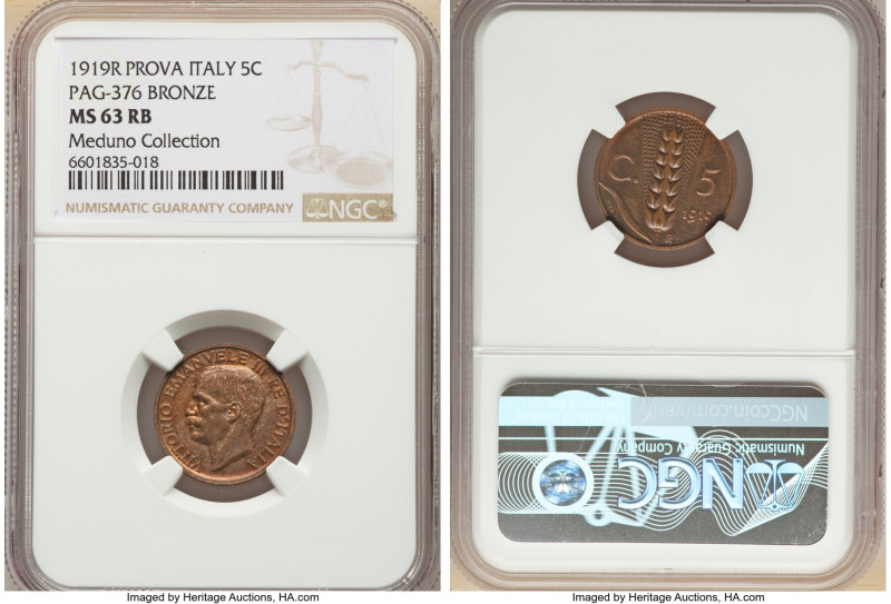 Vittorio Emanuele III bronze Prova 5 Centesimi 1919-R MS63 Red and Brown NGC, Ro...