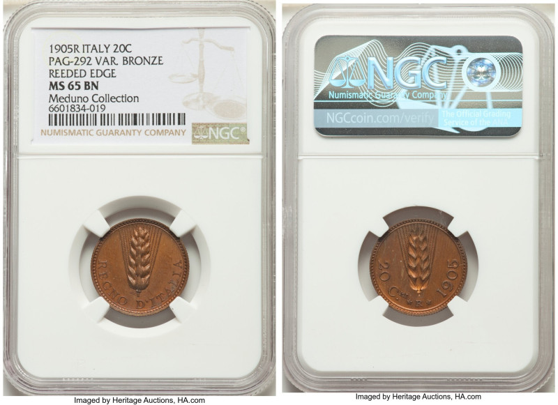 Vittorio Emanuele III bronze Prova 20 Centesimi 1905-R MS65 Brown NGC, Rome mint...