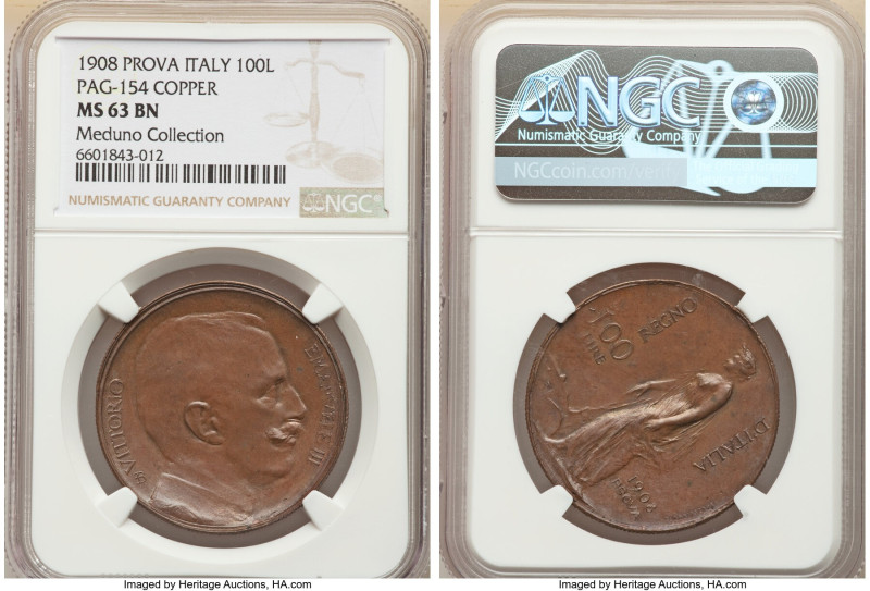 Vittorio Emanuele III copper Prova 100 Lire 1908 MS63 Brown NGC, Milan mint, cf....