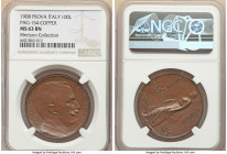 Vittorio Emanuele III copper Prova 100 Lire 1908 MS63 Brown NGC, Milan mint, cf. KM-Pr11 (in gold), Pag-154 (R2). A thrilling rendition of this seldom...