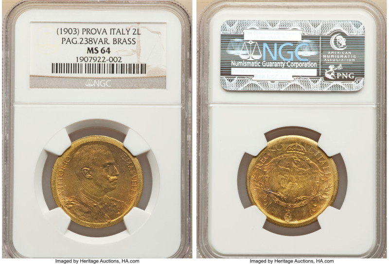 Vittorio Emanuele III brass Prova Medal (2 Lire) ND (1903) MS64 NGC, Milan mint ...