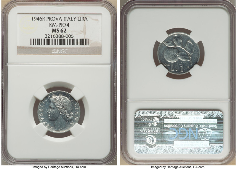 Republic Prova Lira 1946-R MS62 NGC, Rome mint, KM-Pr74, Pag-734 (R2). Featuring...