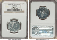 Republic Prova 5 Lire 1946-R MS63 NGC, Rome mint, KM-Pr76, Pag-727 (R2). Produced in 'italma', an Italian aluminum alloy that was introduced shortly a...