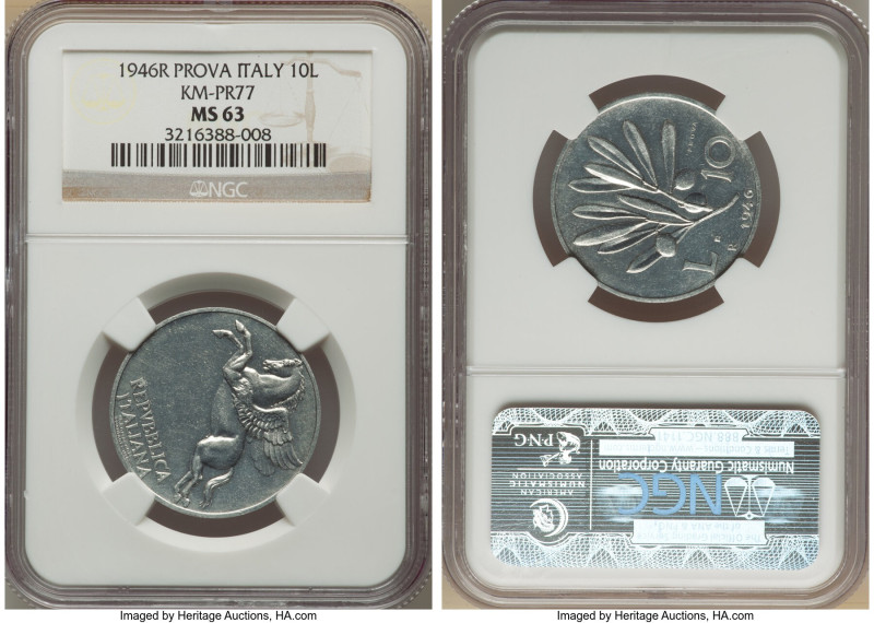 Republic Prova 10 Lire 1946-R MS63 NGC, Rome mint, KM-Pr77, Pag-723 (R2). Produc...