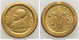 Pius XII brass Trial Pattern 500 Lire 1958 UNC, Rome mint, cf. KM56 (for obverse), cf. Pag-673 (same). A curious item, struck atop a 30mm brass flan a...