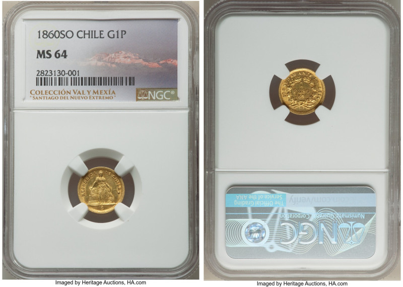 Republic gold Peso 1860-So MS64 NGC, Santiago mint, KM133. Shy of a Gem Mint sta...