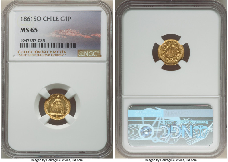Republic gold Peso 1861-So MS65 NGC, Santiago mint, KM133. A radiant Gem holding...