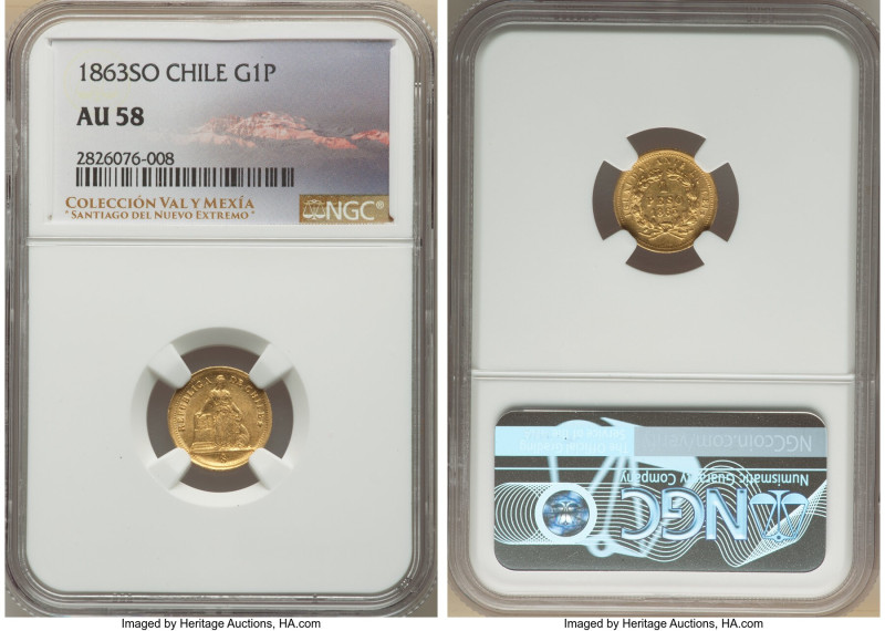 Republic gold Peso 1863-So AU58 NGC, Santiago mint, KM133. Lightly handled and s...