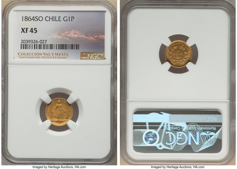 Republic gold Peso 1864-So XF45 NGC, Santiago mint, KM133. Showing honest wear t...