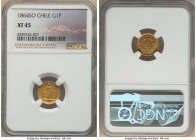Republic gold Peso 1864-So XF45 NGC, Santiago mint, KM133. Showing honest wear to the toned, problem-free surfaces. From the "Colección Val y Mexía" o...