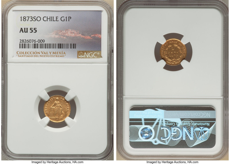 Republic gold Peso 1873-So AU55 NGC, Santiago mint, KM140. A lightly handled rep...