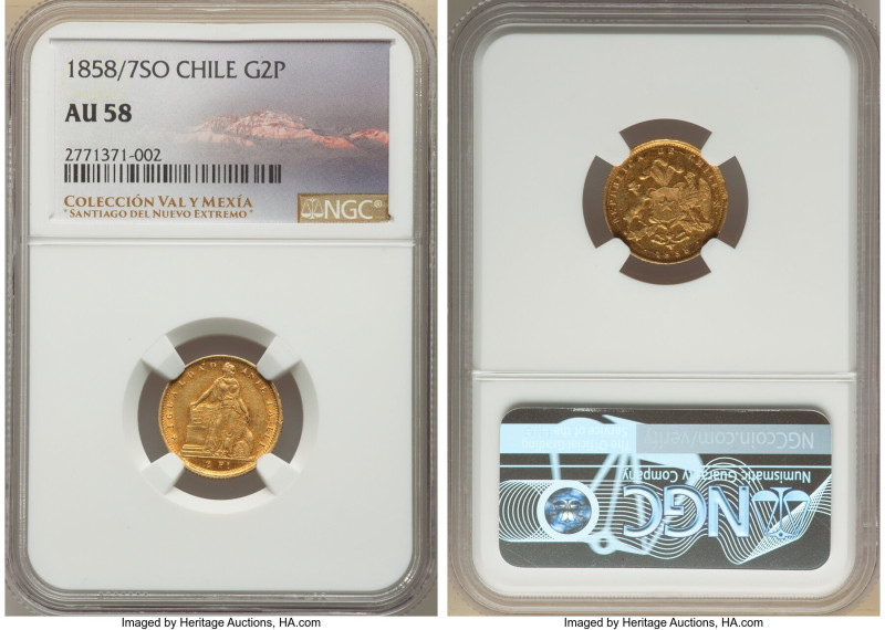 Republic gold 2 Pesos 1858/7-So AU58 NGC, Santiago mint, KM132. The sole finest ...