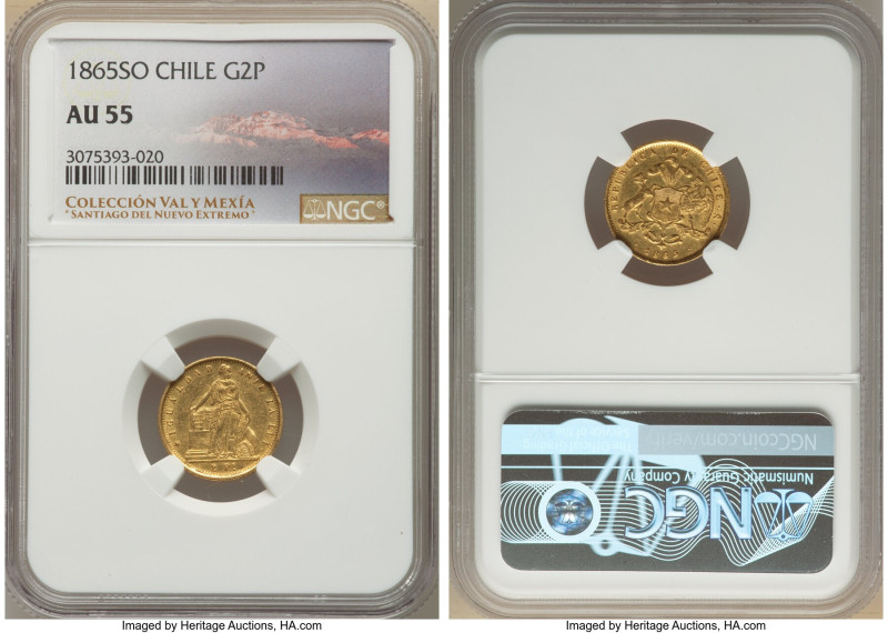 Republic gold 2 Pesos 1865-So AU55 NGC, Santiago mint, KM132. A conditionally ch...