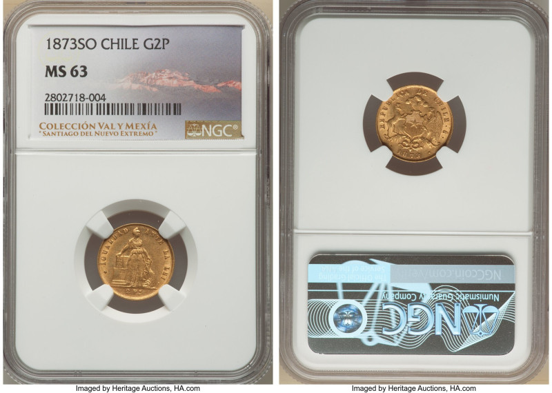 Republic gold 2 Pesos 1873-So MS63 NGC, Santiago mint, KM143. A scintillating, C...