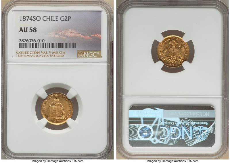 Republic gold 2 Pesos 1874-So AU58 NGC, Santiago mint, KM143. Short from a Mint ...