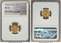 Republic gold 2 Pesos 1875-So MS63 NGC, Santiago mint, KM143. A satin, lustrous example with radiant cartwheel luster. From the "Colección Val y Mexía...