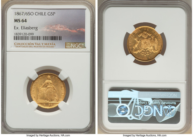 Republic gold 5 Pesos 1867/6-So MS64 NGC, Santiago mint, KM144. A highly impress...