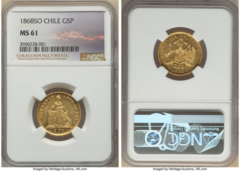 Republic gold 5 Pesos 1868-So MS61 NGC, Santiago mint, KM144. Showing impressive...