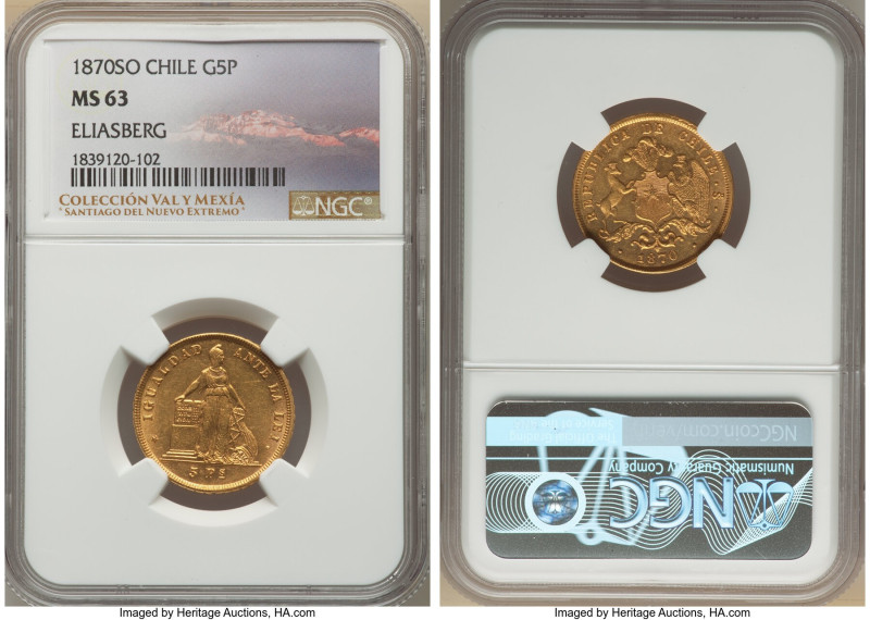 Republic gold 5 Pesos 1870-So MS63 NGC, Santiago mint, KM144. A tastefully toned...