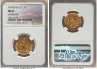 Republic gold 5 Pesos 1870-So MS63 NGC, Santiago mint, KM144. A tastefully toned Choice piece showing luminous surfaces. The finest grade recorded by ...
