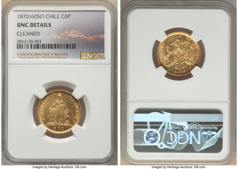 Republic gold 5 Pesos 1870/60-So UNC Details (Cleaned) NGC, Santiago mint, KM144...
