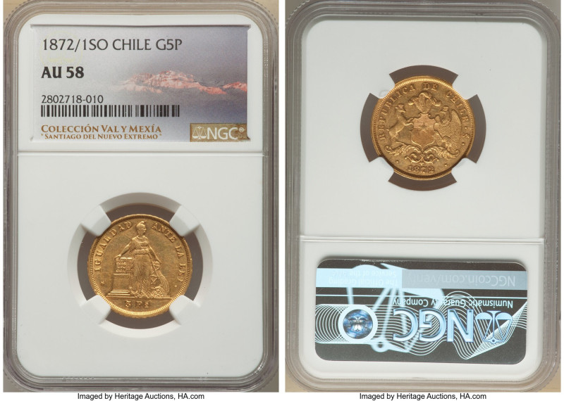 Republic gold 5 Pesos 1872/1-So AU58 NGC, Santiago mint, KM144. A toned represen...