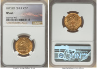 Republic gold 5 Pesos 1873-So MS61 NGC, Santiago mint, KM144. Boldly rendered and preserving shades of luster across the toned fields. From the "Colec...