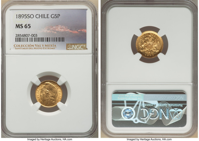 Republic gold 5 Pesos 1895-So MS65 NGC, Santiago mint, KM153. A fully-struck, ra...