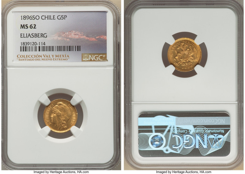 Republic gold 5 Pesos 1896-So MS62 NGC, Santiago mint, KM153. Decidedly Mint Sta...