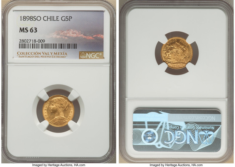 Republic gold 5 Pesos 1898-So MS63 NGC, Santiago mint, KM159. A Choice represent...